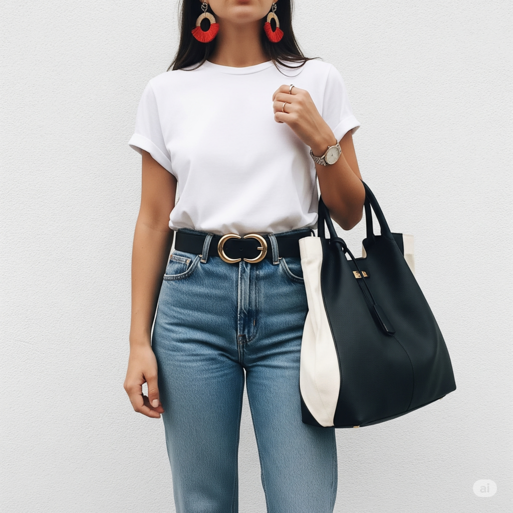 a women wearing white tee with accessories