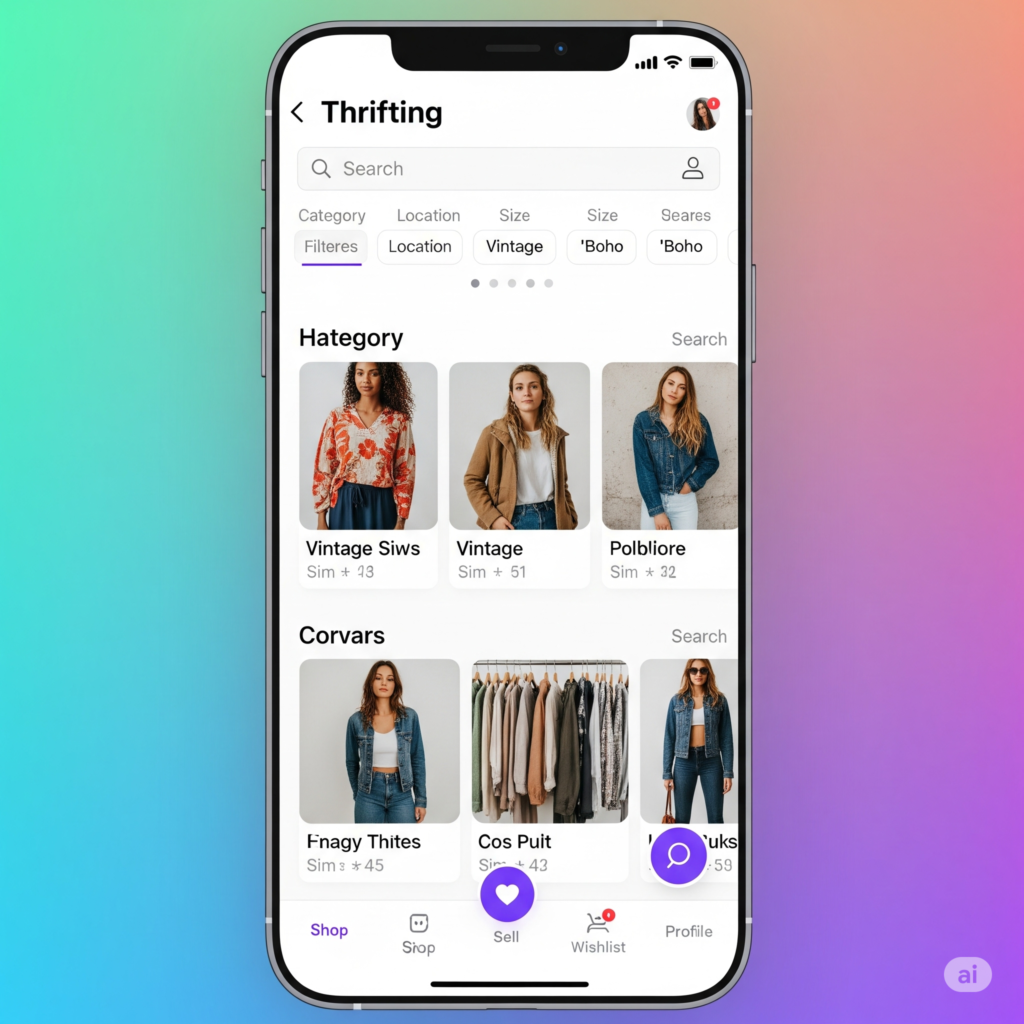 Mobile interface of a ecommerce thrift store.