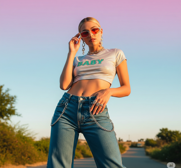 Gemini_Generated_Image_dy1esady1esady1e (2) Genz girl wearing white top ,blue jeans ,red shades and wierd genz pose